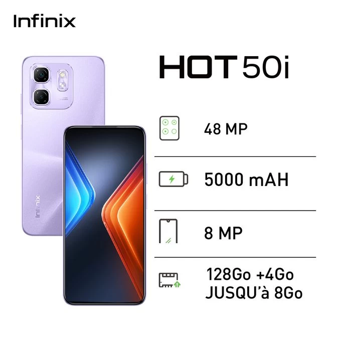 Smartphone Infinix HOT 50i - 128Go + 4Go - 8 MP - 5000 MAh -