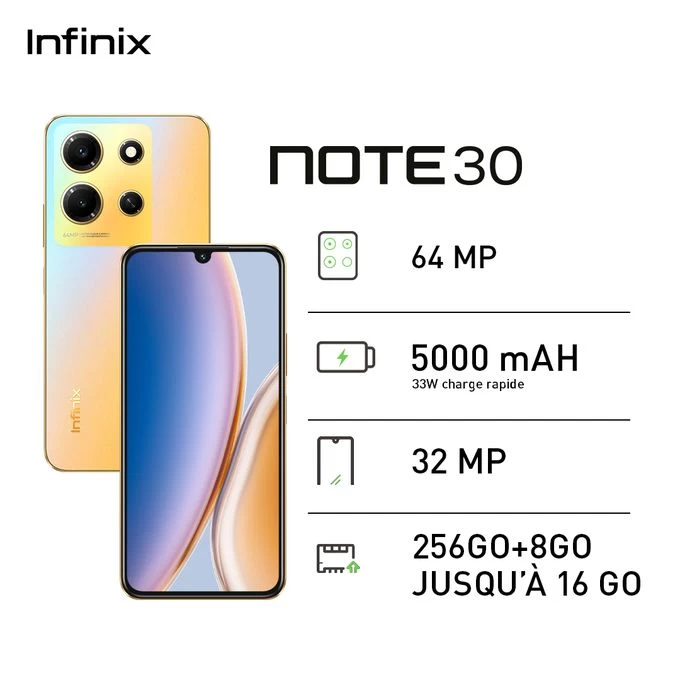Infinix NOTE 30 - 4G - 2 SIM - 256Go + 8Go - 64 MP - 5000 MAh - Or - 12 Mois Gar
